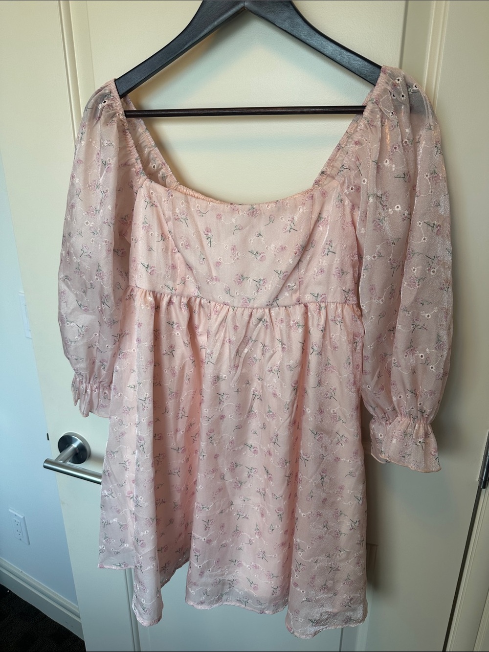 Blush Pink Floral Square-Neck Mini Dress with Puff Sleeves